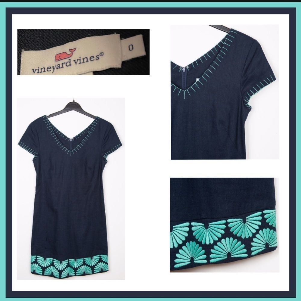 Vineyard Vines Navy/Aqua Embroidered Shift Dress Size 0